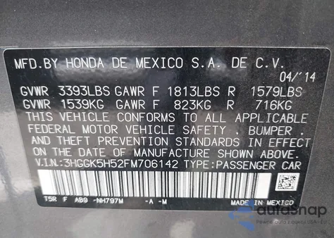 2015 Honda Fit Lx z USA, uszkodzony, nr VIN 3HGGK5H52FM706142